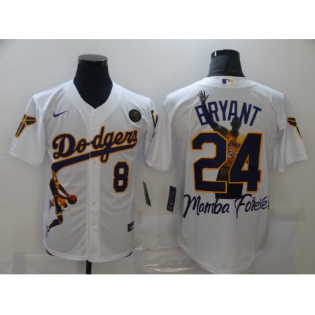 Men's Los Angeles Dodgers Front #8 Back #24 Kobe Bryant White With KB Patch Cool Base Stitched Jersey