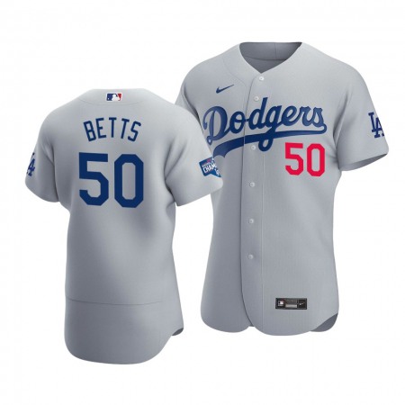 Men's Los Angeles Dodgers #50 Mookie Betts 2020 Grey World Series Champions Patch Flex Base Sttiched Jersey