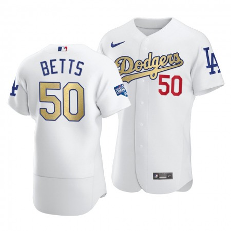 Men's Los Angeles Dodgers #50 Mookie Betts 2020 White Gold World Series Champions Patch Sttiched Jersey
