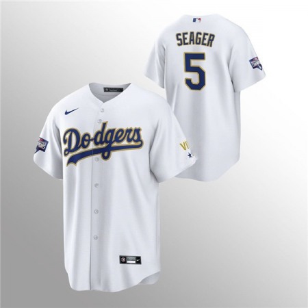 Men's Los Angeles Dodgers #5 Corey Seager White Gold Championship Cool Base Stitched Jersey