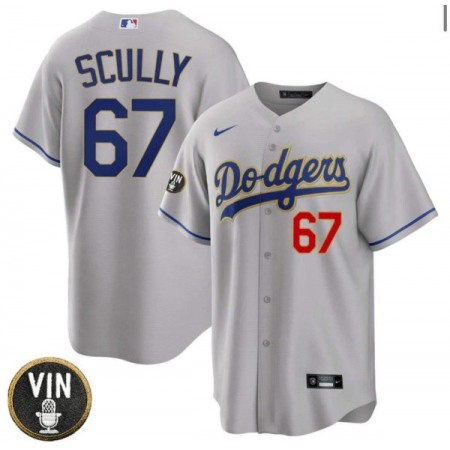 Men's Los Angeles Dodgers #67 Vin Scully 2022 Grey Vin Scully Patch Cool Base Stitched Baseball Jersey