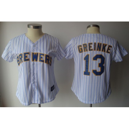 Brewers #13 Zack Greinke White With Blue Strip Lady Fashion Stitched MLB Jersey