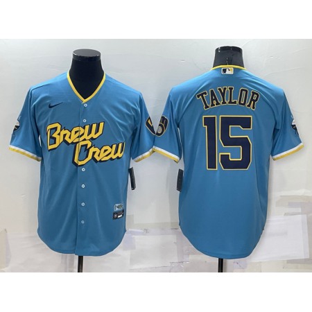 Men's Milwaukee Brewers #15 Tyrone Taylor 2022 Powder Blue City Connect Cool Base Stitched Jersey