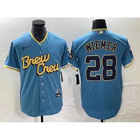 Men's Milwaukee Brewers #28 Joey Wiemer 2022 Powder Blue City Connect Cool Base Stitched Jersey