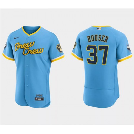 Men's Milwaukee Brewers #37 Adrian Houser Powder Blue 2022 City Connect Flex Base Stitched MLB Jersey