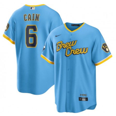 Men's Milwaukee Brewers #6 Lorenzo Cain 2022 Powder Blue City Connect Cool Base Stitched Jersey