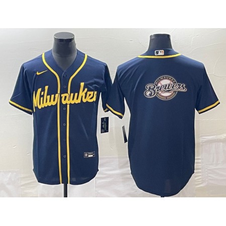 Men's Milwaukee Brewers Navy Team Big Logo Cool Base Stitched Jersey