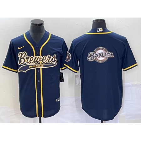 Men's Milwaukee Brewers Navy Team Big Logo Cool Base Stitched Jersey