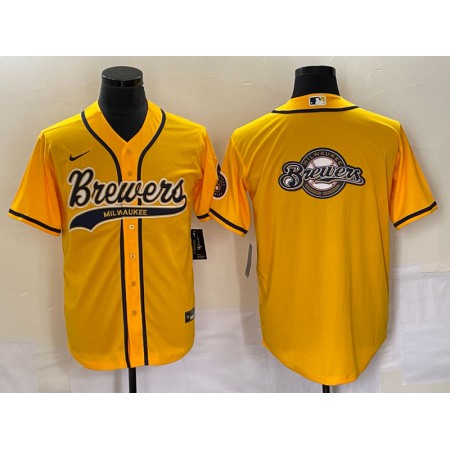 Men's Milwaukee Brewers Yellow Team Big Logo Cool Base Stitched Jersey