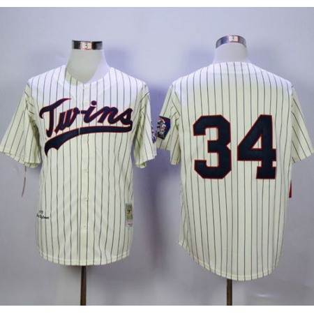 Mitchell And Ness Twins #34 Kirby Puckett Cream Strip Throwback Stitched MLB Jersey