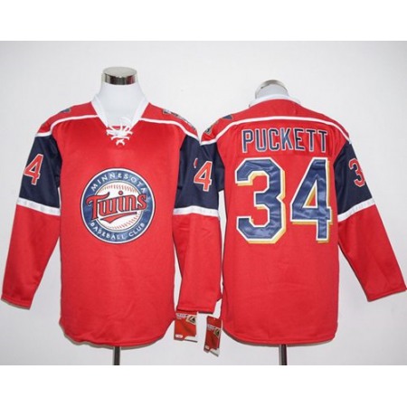 Twins #34 Kirby Puckett Red Long Sleeve Stitched MLB Jersey