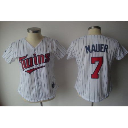 Twins #7 Joe Mauer White With Blue Strip Lady Fashion Stitched MLB Jersey