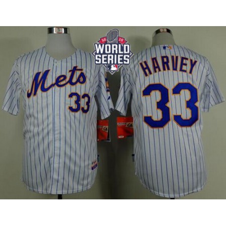 Mets #33 Matt Harvey White(Blue Strip) Home Cool Base W/2015 World Series Patch Stitched MLB Jersey