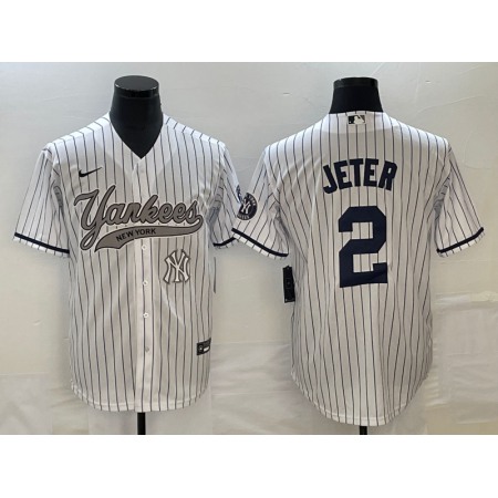 Men's New York Yankees #2 Derek Jeter White With Patch Cool Base Stitched Baseball Jersey