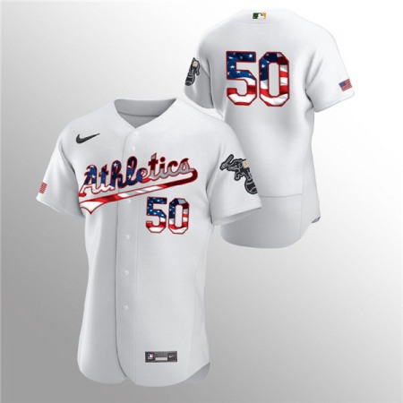 Men's Oakland Athletics #50 Mike Fiers White 2020 Stars & Stripes Flex Base Stitched Jersey