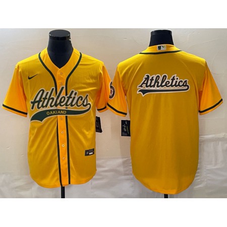 Men's Oakland Athletics Yellow Team Big Logo Cool Base Stitched Baseball Jersey 002