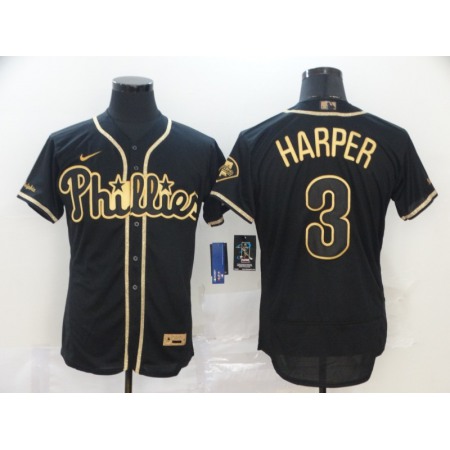 Men's Philadelphia Phillies #3 Bryce Harper Black Golden Stitched MLB Jersey
