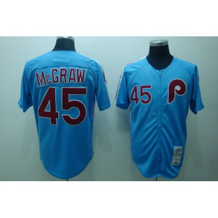 Mitchell and Ness Phillies #45 Tug Mcgraw Blue Stitched Throwback MLB Jersey