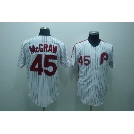 Mitchell and Ness Phillies #45 Tug Mcgraw White Red Strip Stitched Throwback MLB Jersey