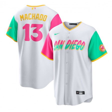 Men's San Diego Padres #13 Manny Machado 2022 White City Connect Cool Base Stitched Jersey