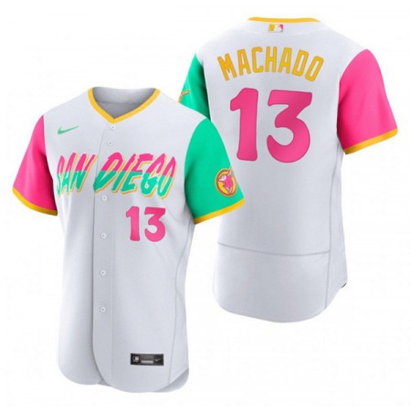 Men's San Diego Padres #13 Manny Machado 2022 White City Connect Flex Base Stitched Baseball Jersey