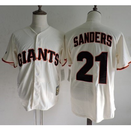 Mitchell And Ness Giants #21 Deion Sanders Cream Throwback Stitched MLB Jersey