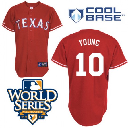 Rangers #10 Michael Young Red Cool Base w/2010 World Series Patch Stitched MLB Jersey