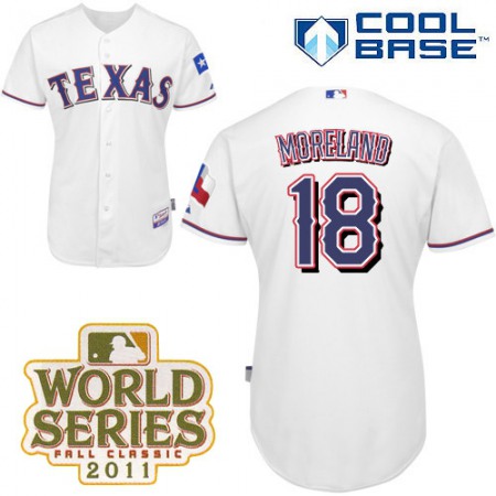 Rangers #18 Mitch Moreland White Cool Base 2011 World Series Patch Stitched MLB Jersey