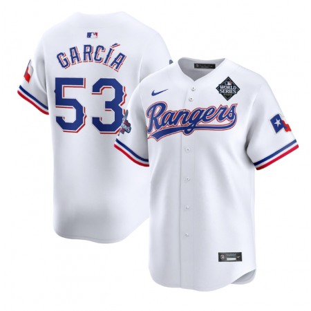 Men's Texas Rangers #53 Adolis Garcia White 2023 World Series Patch And Champions Patch Stitched Baseball Jersey