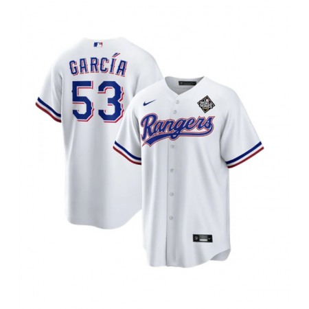 Men's Texas Rangers #53 Adolis Garcia White 2023 World Series Stitched Baseball Jersey