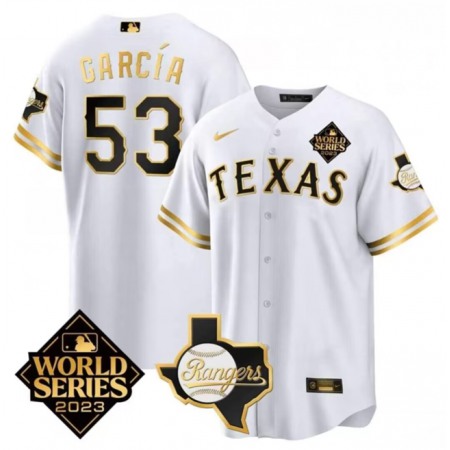 Men's Texas Rangers & Cowboys #53 Adolis Garcia White 2023 World Series Splite Stitched Baseball Jersey