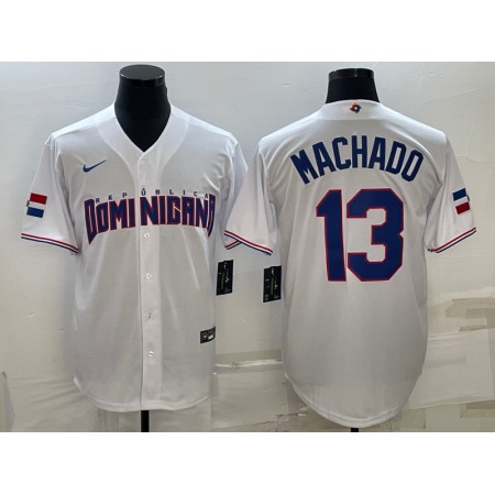 Men's Dominican Republic Baseball #13 Manny Machado 2023 White World Baseball Classic Stitched Jersey