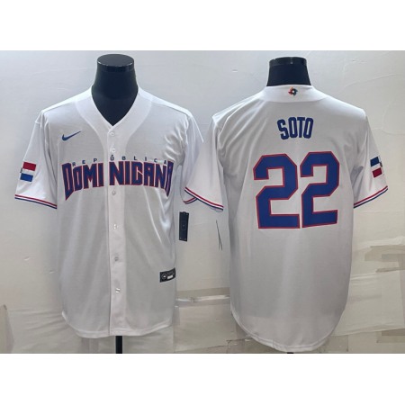 Men's Dominican Republic Baseball #22 Juan Soto 2023 White World Baseball Classic Stitched Jersey