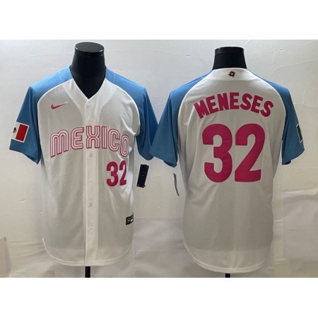 Men's Mexico Baseball #32 Joey Meneses 2023 White Blue World Baseball Classic Stitched Jersey