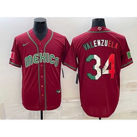 Men's Mexico Baseball #34 Fernando Valenzuela 2023 Red World Baseball Classic Stitched Jersey