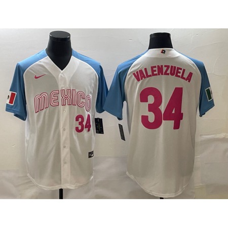 Men's Mexico Baseball #34 Fernando Valenzuela 2023 White Blue World Baseball Classic Stitched Jersey