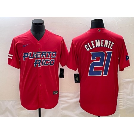 Men's Puerto Rico Baseball #21 Roberto Clemente 2023 Red World Baseball Classic Stitched Jersey