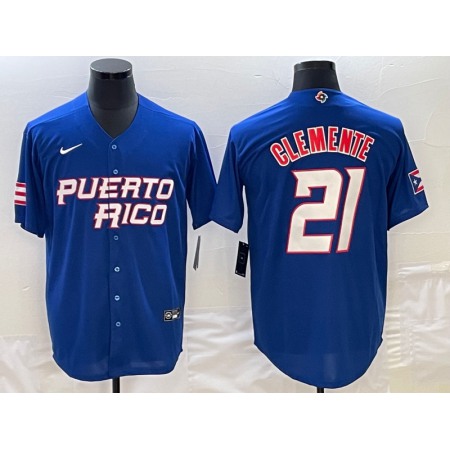 Men's Puerto Rico Baseball #21 Roberto Clemente 2023 Royal World Baseball Classic Stitched Jersey