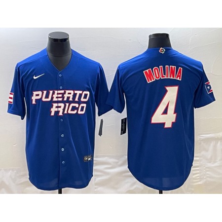 Men's Puerto Rico Baseball #4 Yadier Molina 2023 Royal World Baseball Classic Stitched Jersey