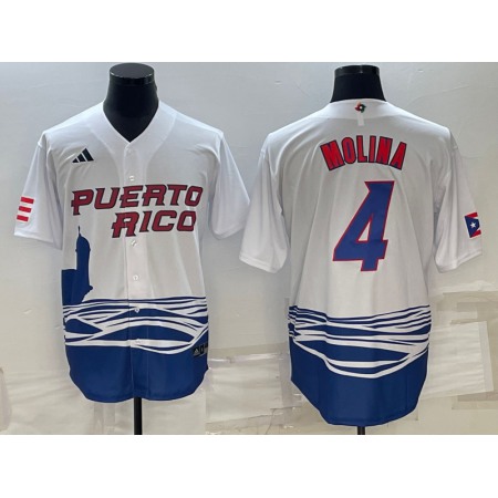 Men's Puerto Rico Baseball #4 Yadier Molina 2023 White World Baseball Classic Stitched Jersey