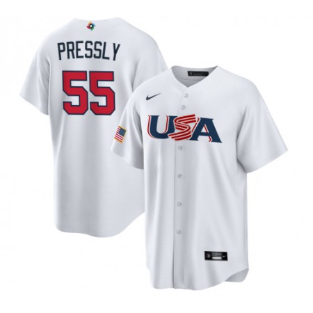 Men's USA Baseball #55 Ryan Pressly 2023 White World Baseball Classic Stitched Jersey