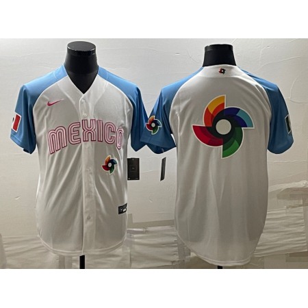 Men's Mexico Baseball 2023 White Blue World Baseball Big Logo With Patch Classic Stitched Jersey