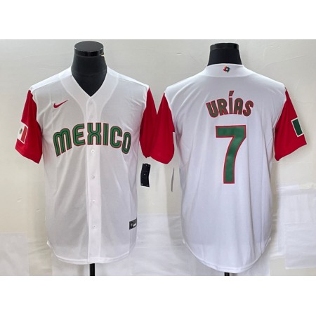 Men's Mexico Baseball #7 Julio Urias 2023 White Red World Baseball With Patch Classic Stitched Jersey