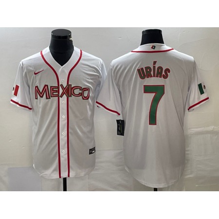 Men's Mexico Baseball #7 Julio Urias 2023 White World Baseball With Patch Classic Stitched Jersey