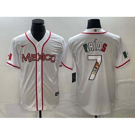 Men's Mexico Baseball #7 Julio Urias 2023 White World Baseball With Patch Classic Stitched Jersey