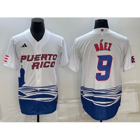 Men's Puerto Rico Baseball #9 Javier Baez 2023 White World Baseball Classic Stitched Jersey