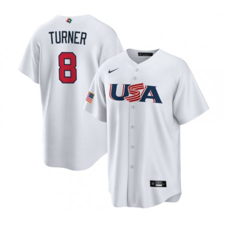 Men's USA Baseball #8 Trea Turner 2023 White World Baseball Classic Stitched Jersey