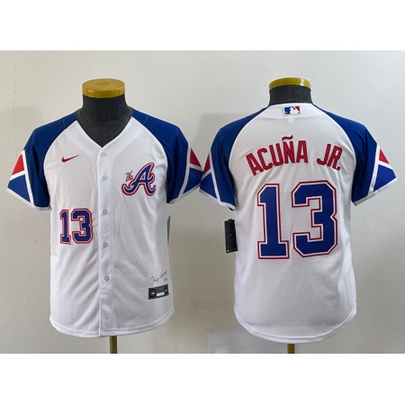 Women's Atlanta Braves #13 Ronald Acuna Jr. White 2023 City Connect With Patch Stitched Baseball Jersey(Run Small)
