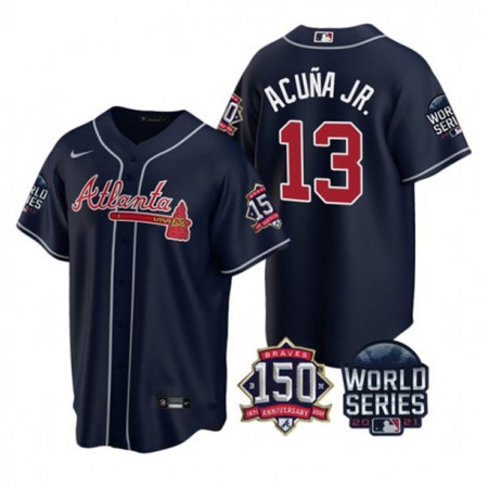 Women's Atlanta Braves #13 Ronald Acuna Jr 2021 Navy World Series Champions With 150th Anniversary Patch Cool Base Stitched Jersey(Run Small)