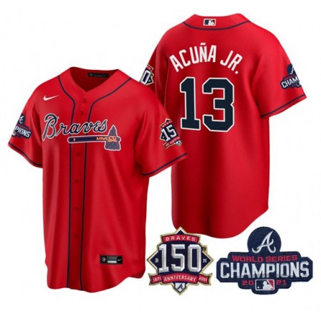 Women's Atlanta Braves #13 Ronald Acuna Jr 2021 Red World Series Champions With 150th Anniversary Patch Cool Base Stitched Jersey(Run Small)